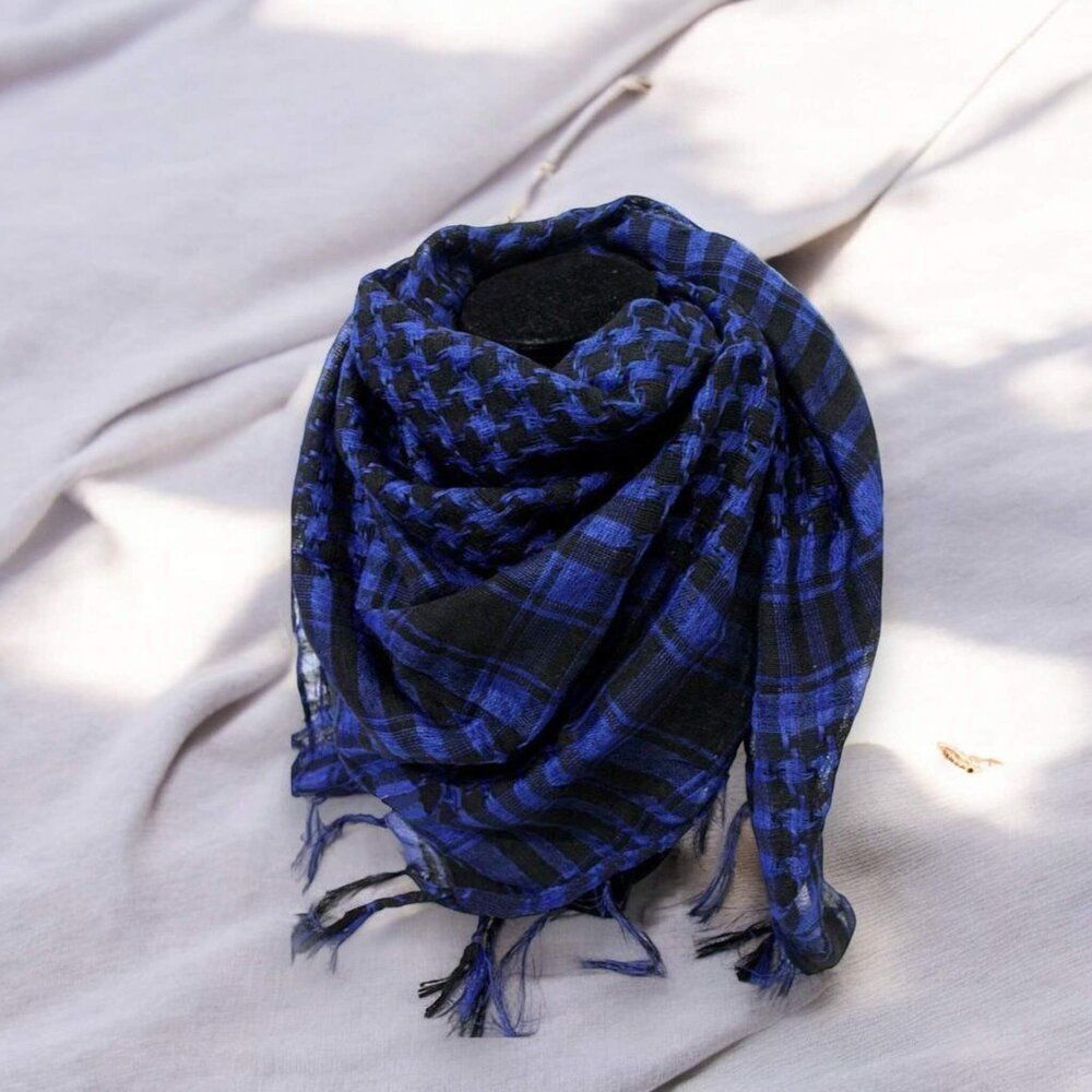 Black Blue Plaid Fringe Cotton Scarves - NEW